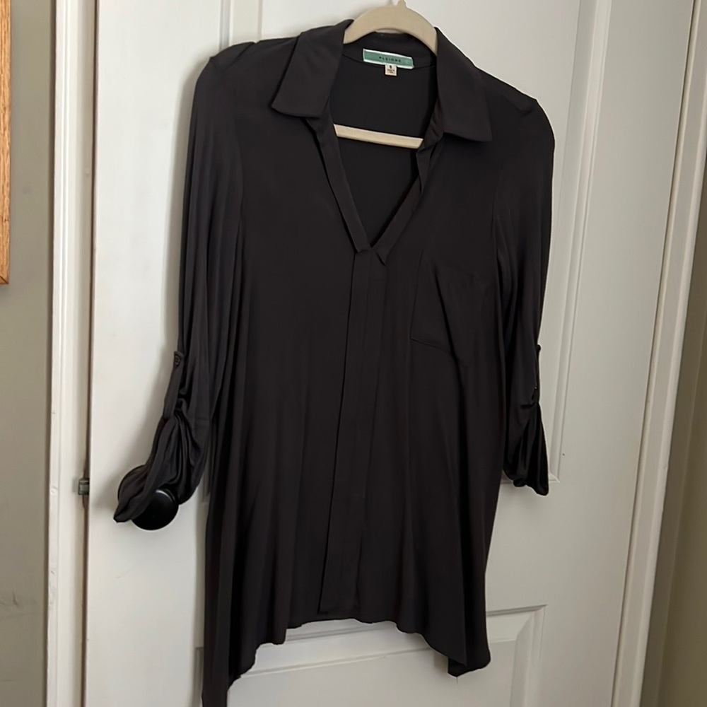 Charcoal gray long tunic style blouse.